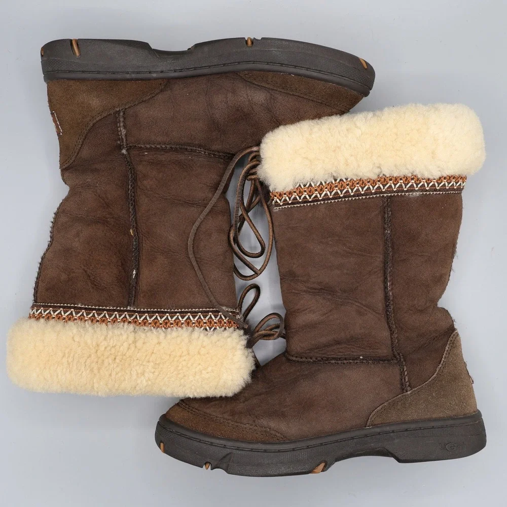 UGGUltimate Cuff Sheepskin Lined Boots Women 8 Brown‎ Lace Up Warm Boho Bohemian
